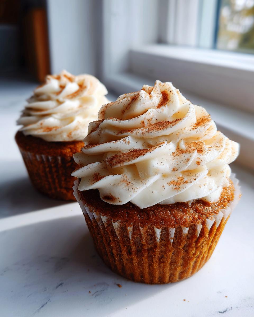 Close-up of two fluffy banana cupcakes topped with white frosting and sprinkled with cinnamon.
