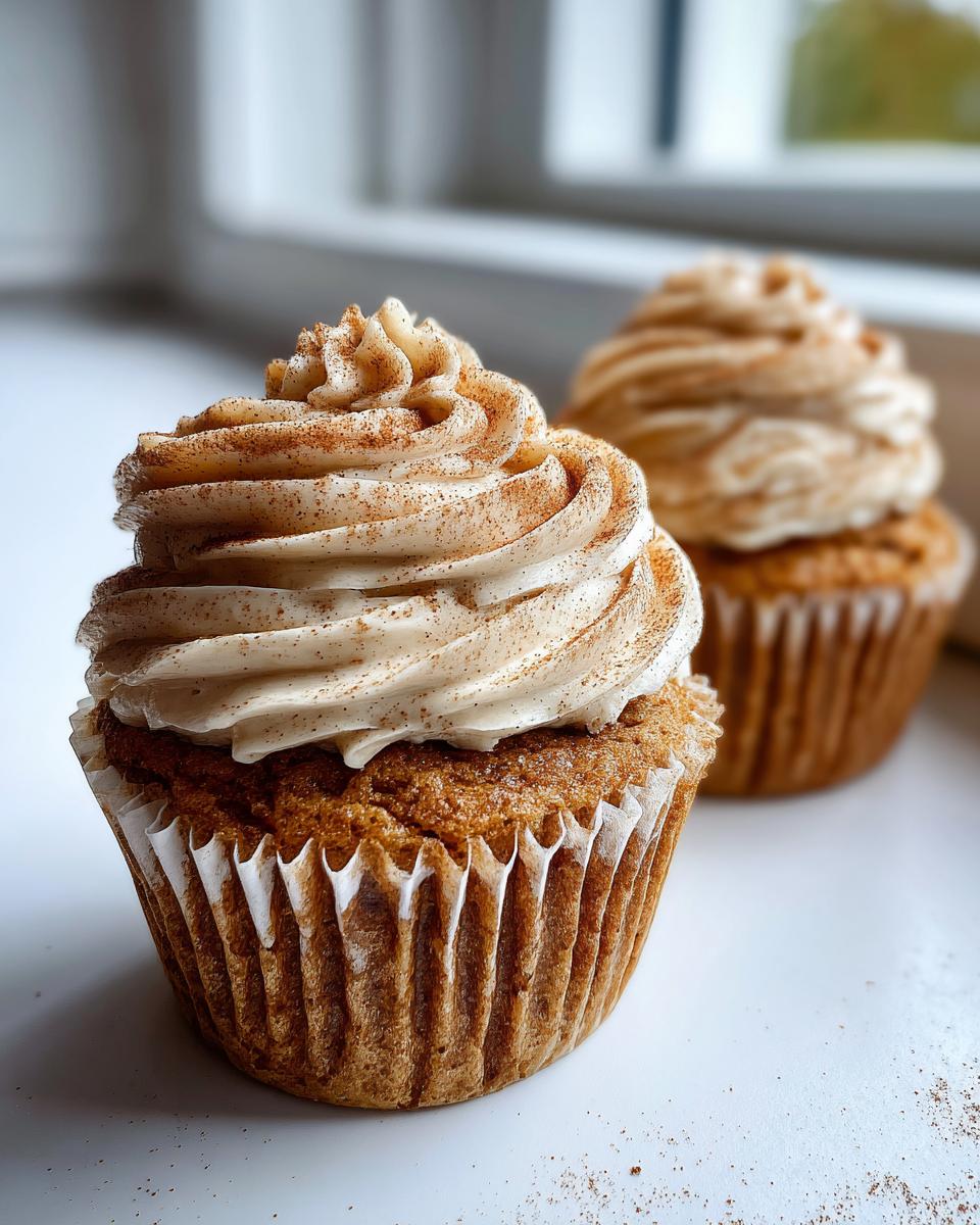 Close-up of a fluffy banana cupcakes topped with swirled cream cheese frosting dusted generously with cinnamon.