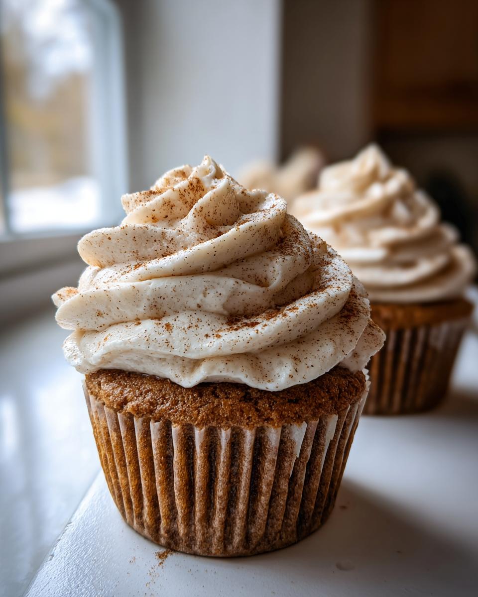 Close-up of a fluffy banana cupcakes topped with swirled cream cheese frosting dusted with cinnamon.