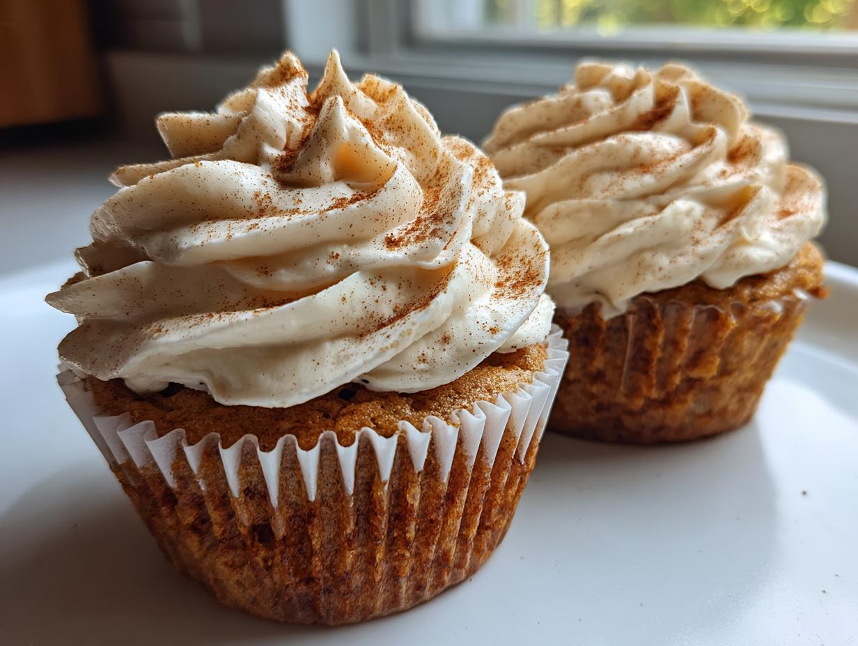 Close-up of two fluffy banana cupcakes topped with swirled cream cheese frosting and a dusting of cinnamon.