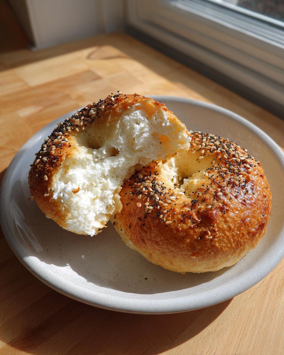 A freshly baked greek yogurt protein bagel, topped with everything seasoning, torn in half to show the soft, white interior.