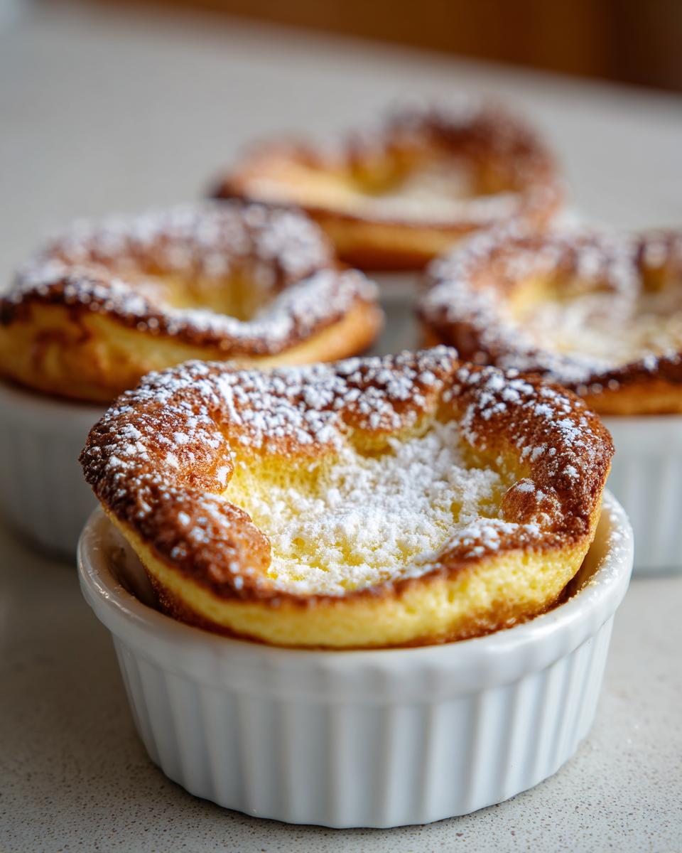Close-up of individual mini dutch baby pancakes baked in white ramekins and dusted with powdered sugar.