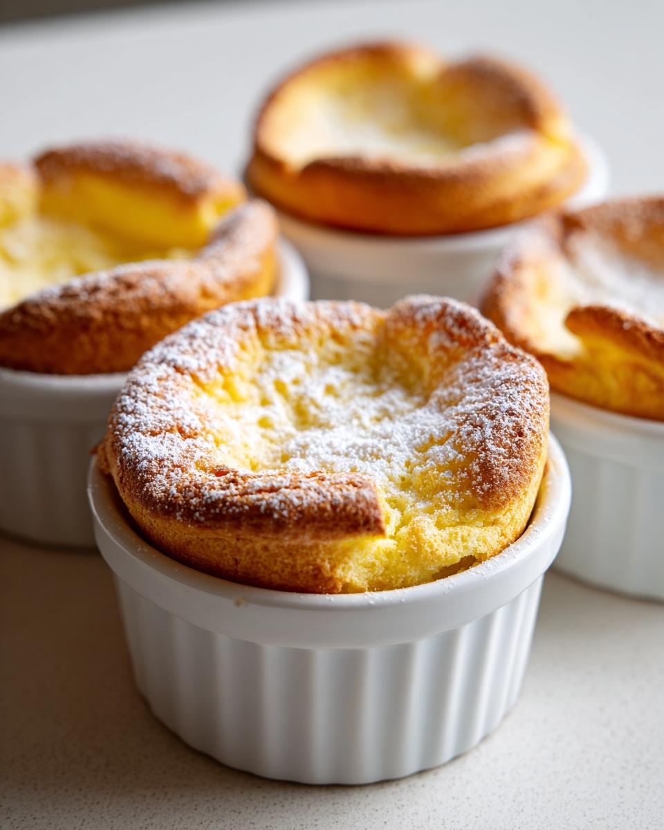 Close-up of several freshly baked mini dutch baby pancakes puffed high in white ramekins, dusted with powdered sugar.
