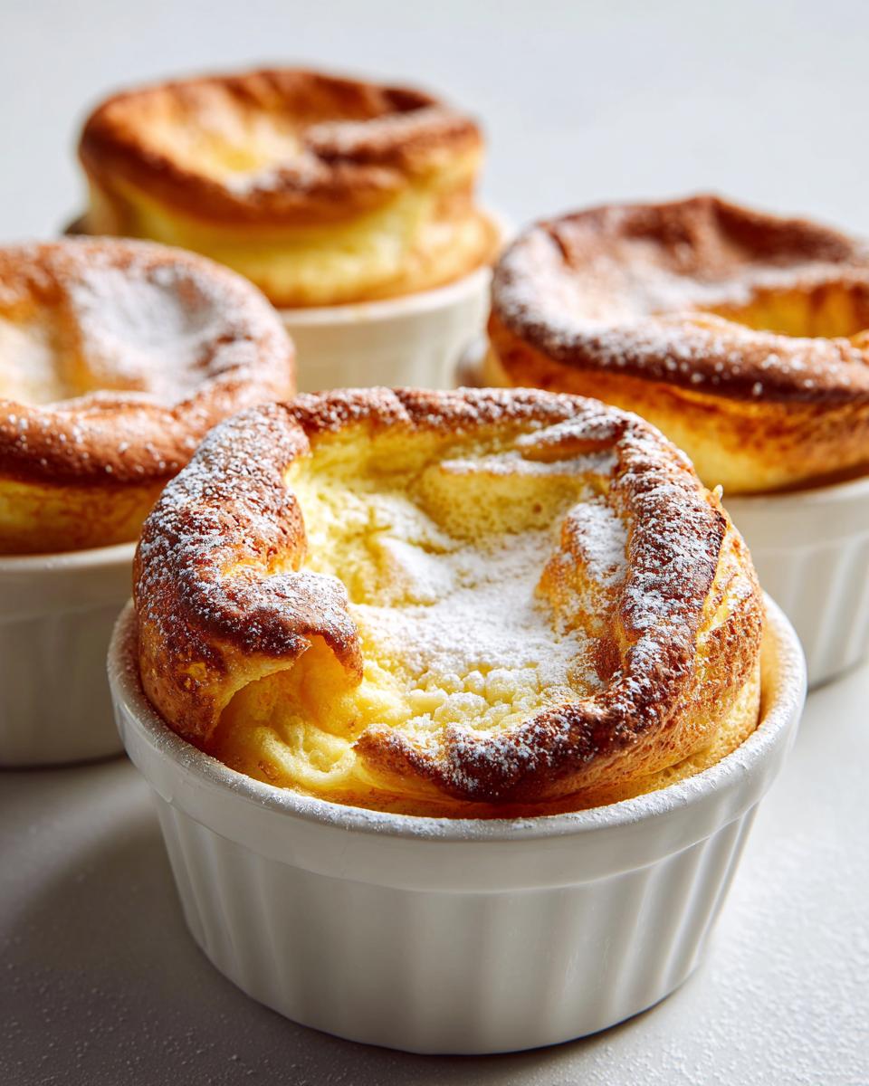 Close-up of fluffy mini dutch baby pancakes baked in white ramekins and dusted with powdered sugar.