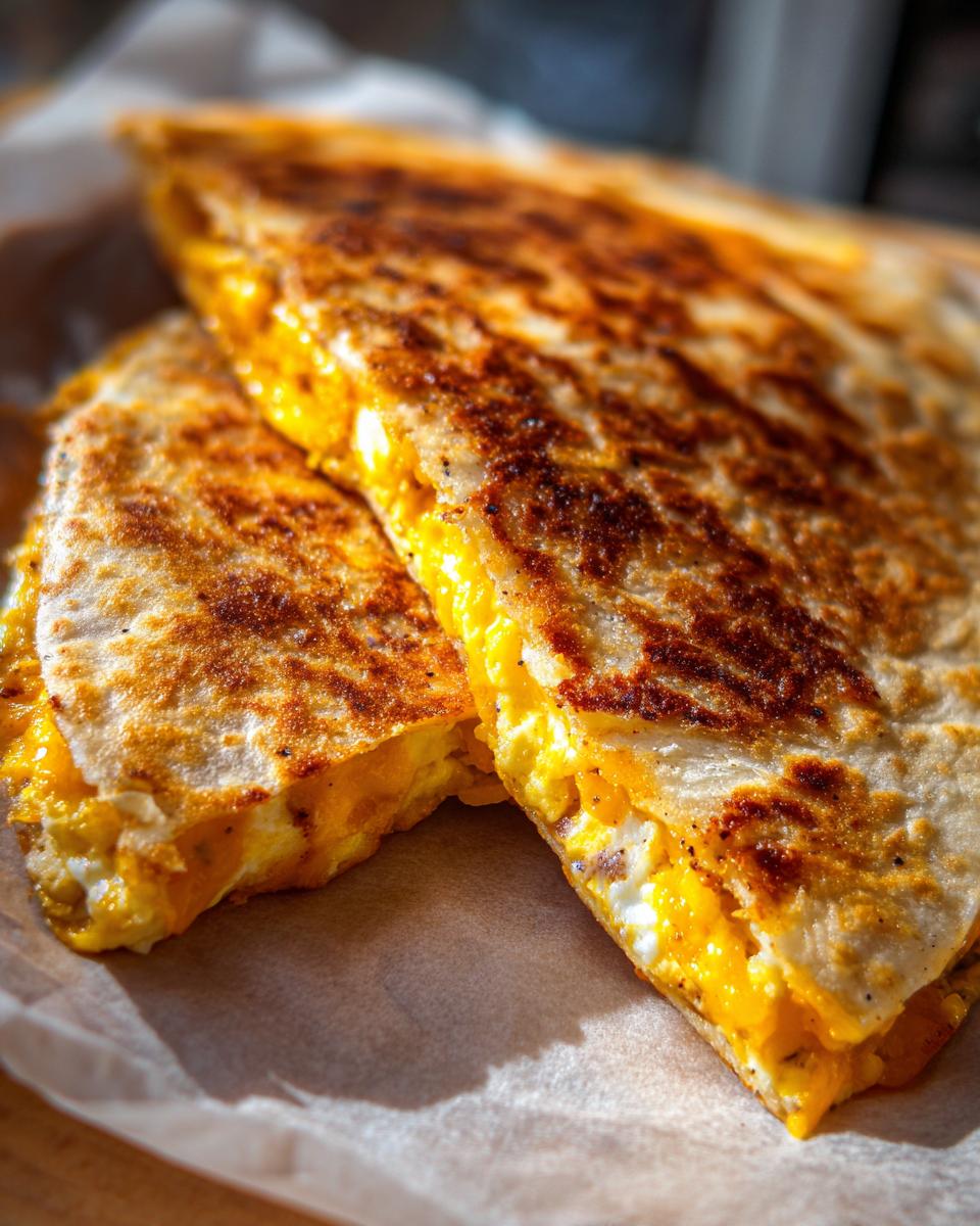 Close-up of a perfectly grilled fried egg quesadilla, cut in half, showing melted cheese and fluffy egg filling.