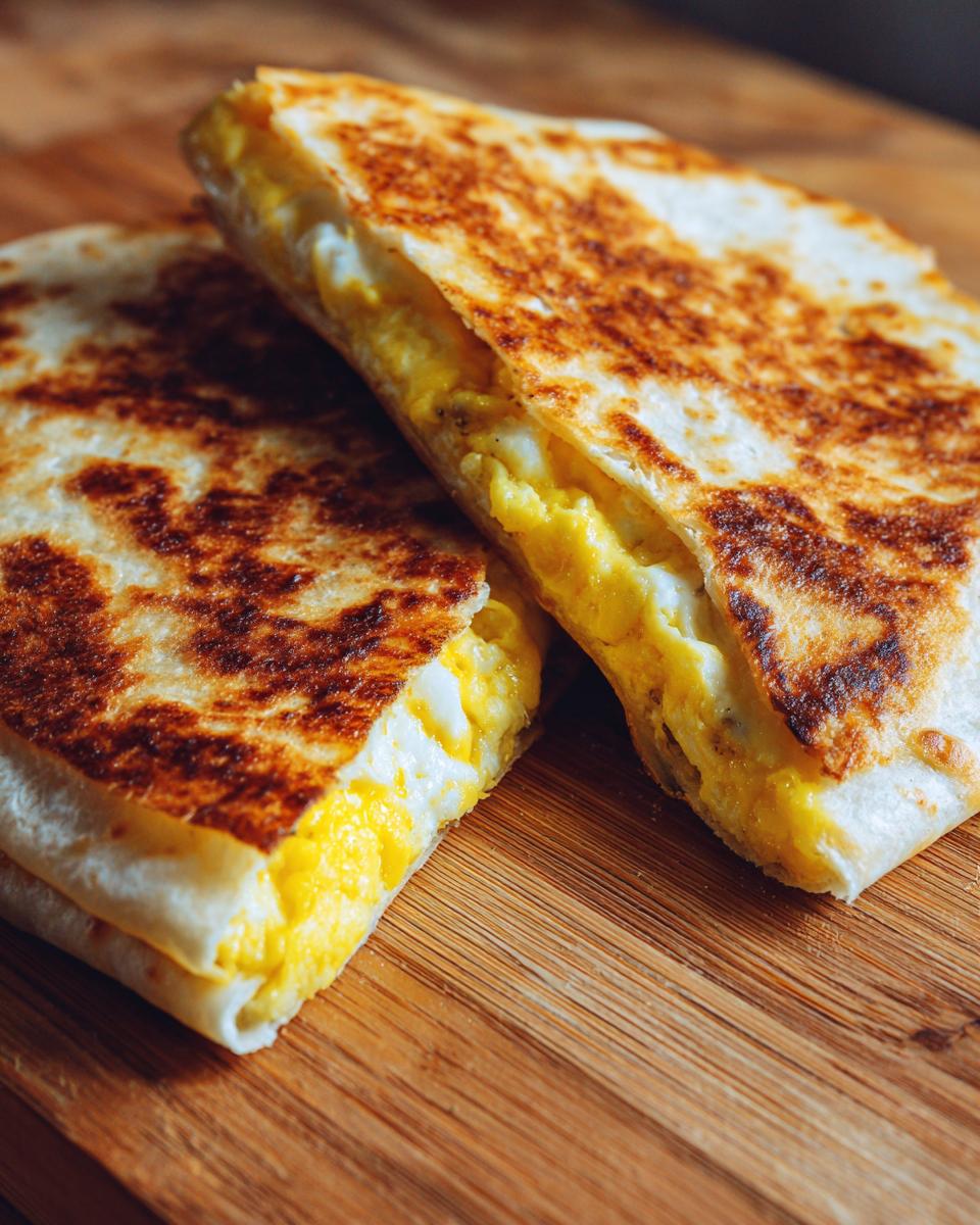 Two halves of a perfectly grilled fried egg quesadilla showing fluffy yellow egg filling inside a toasted tortilla.