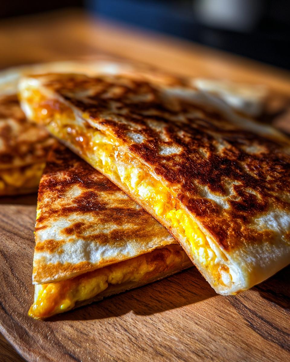 Close-up of two golden-brown triangles of a fried egg quesadilla showing melted cheese and scrambled egg filling.