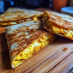 Close-up of golden brown fried egg quesadilla slices filled with scrambled eggs, resting on a wooden cutting board.
