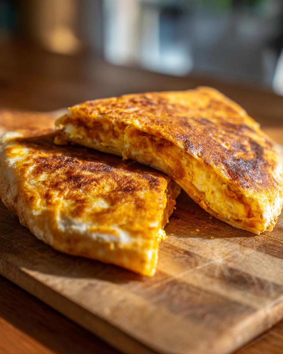 Two halves of a golden brown fried egg quesadilla, showing the fluffy egg filling, resting on a wooden cutting board.