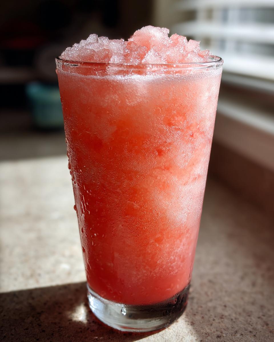 Close-up of a tall, sweating glass filled with icy, bright red frozen strawberry lemonade.