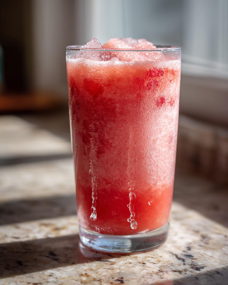 Close-up of a tall glass filled with bright red, icy frozen strawberry lemonade, condensation dripping down the side.