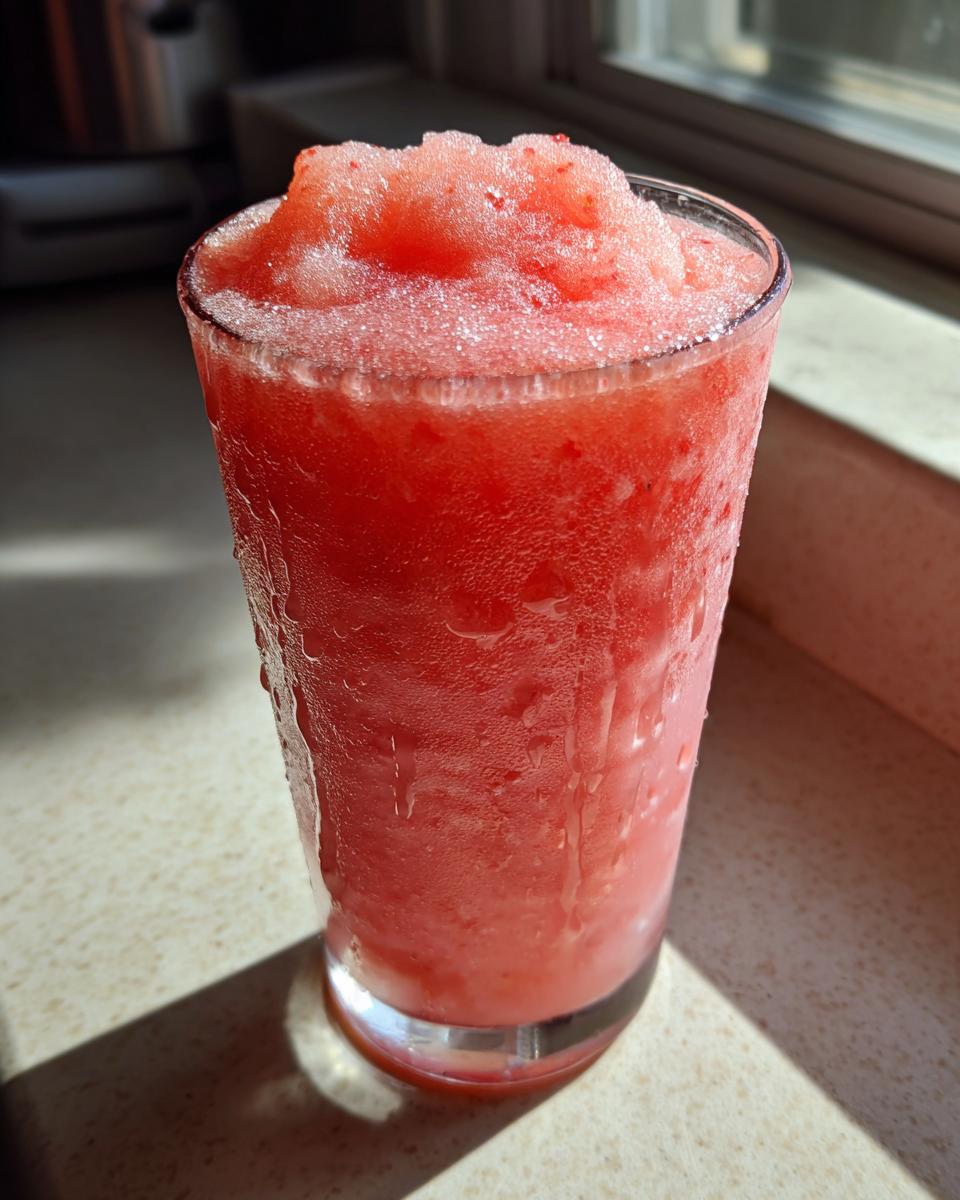 A tall glass filled with bright red, icy frozen strawberry lemonade, sweating condensation in the sunlight.