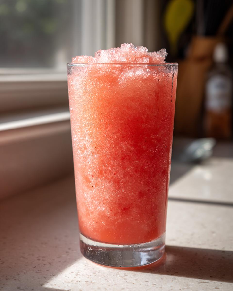 A tall glass filled with bright pink, icy frozen strawberry lemonade topped with crushed ice.