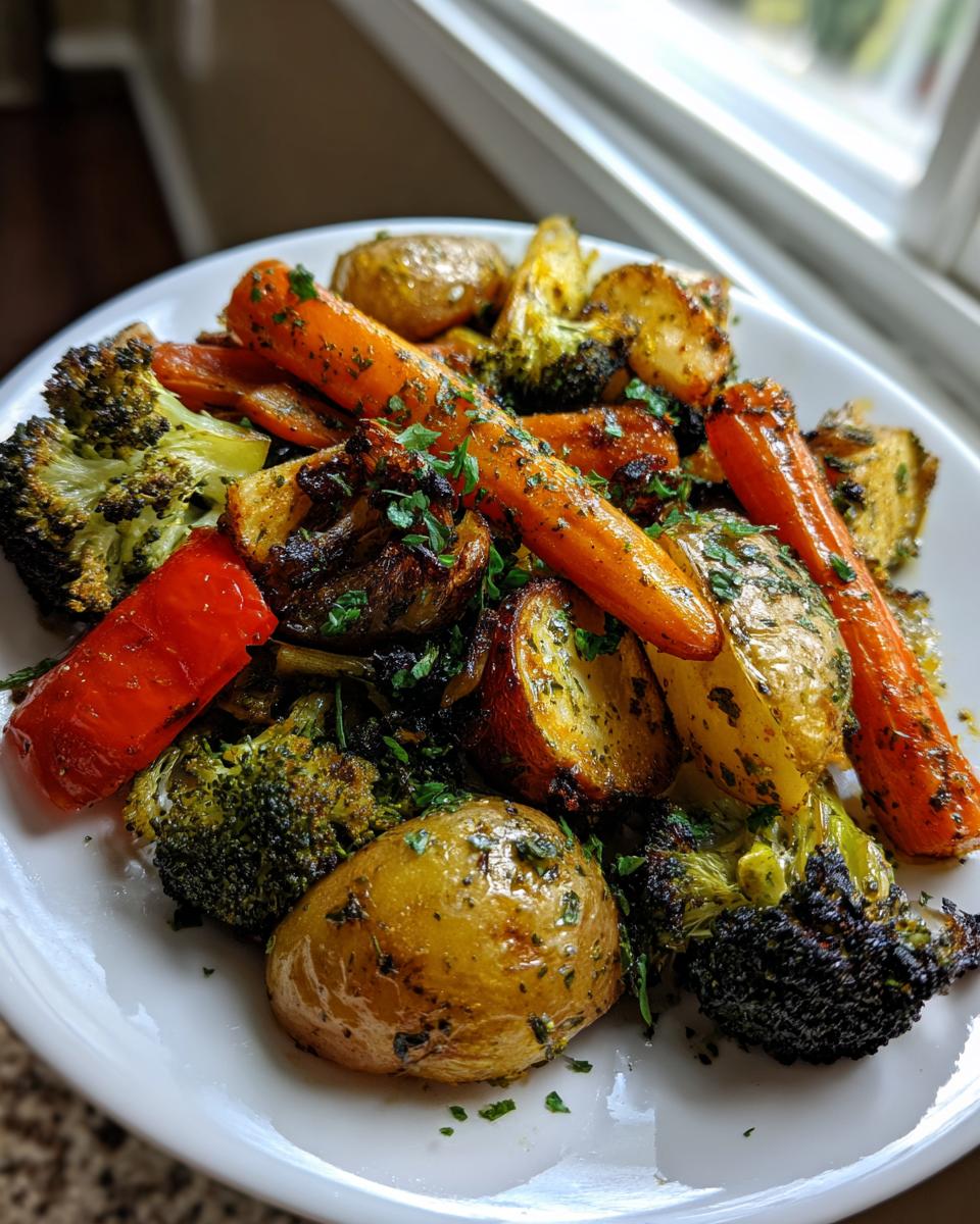 A plate filled with perfectly roasted garlic herb roasted vegetables including carrots, potatoes, broccoli, and red pepper.