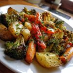 Close-up of perfectly cooked garlic herb roasted vegetables including potatoes, carrots, broccoli, and peppers.