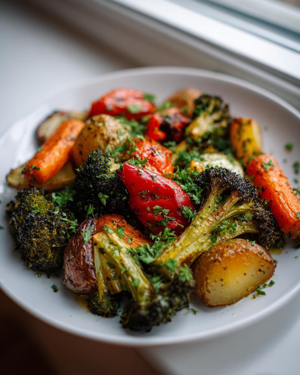 A white plate filled with perfectly cooked garlic herb roasted vegetables, including broccoli, carrots, potatoes, and red peppers, garnished with parsley.