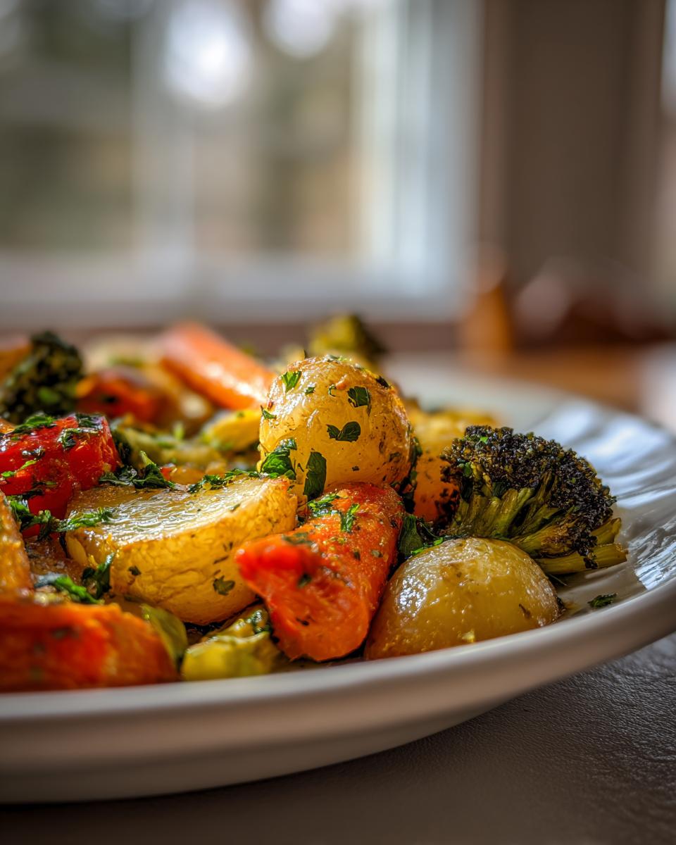 Close-up of golden roasted potatoes, carrots, and broccoli seasoned with herbs, showcasing the delicious garlic herb roasted vegetables.