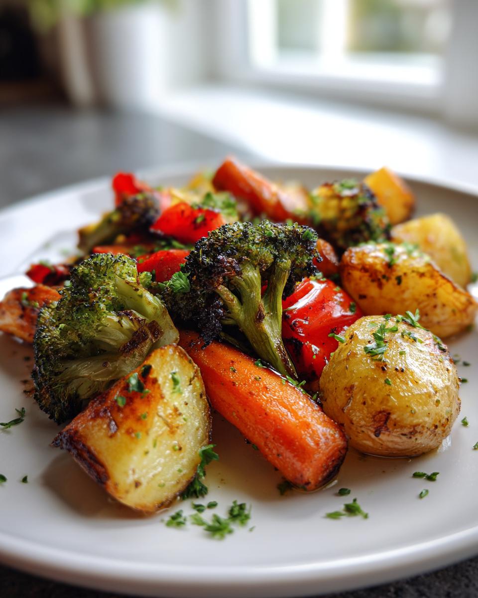 Close-up of perfectly cooked garlic herb roasted vegetables including potatoes, carrots, and broccoli, garnished with parsley.