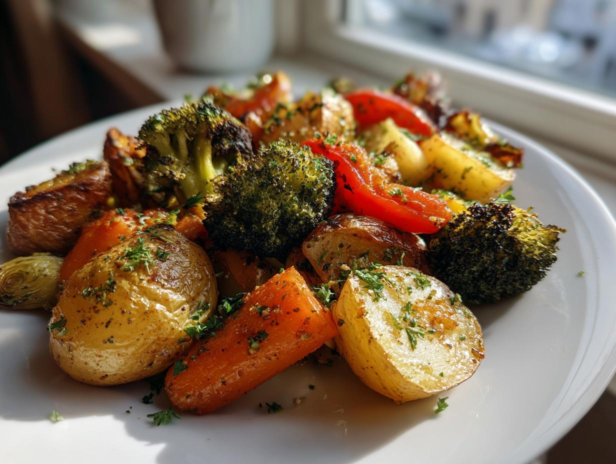 A vibrant plate of golden brown garlic herb roasted vegetables, including potatoes, carrots, and broccoli, sprinkled with parsley.