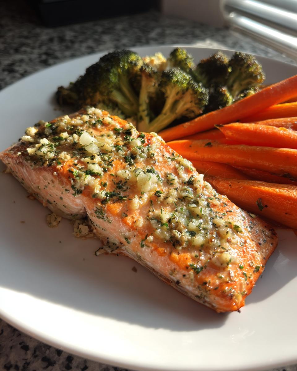 A perfectly cooked fillet of garlic herb salmon topped with minced garlic and herbs, served alongside roasted carrots and broccoli.