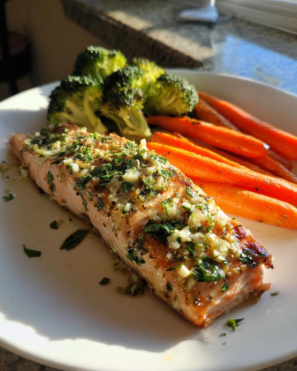 A perfectly cooked fillet of garlic herb salmon topped with minced garlic and parsley, served alongside roasted carrots and steamed broccoli.
