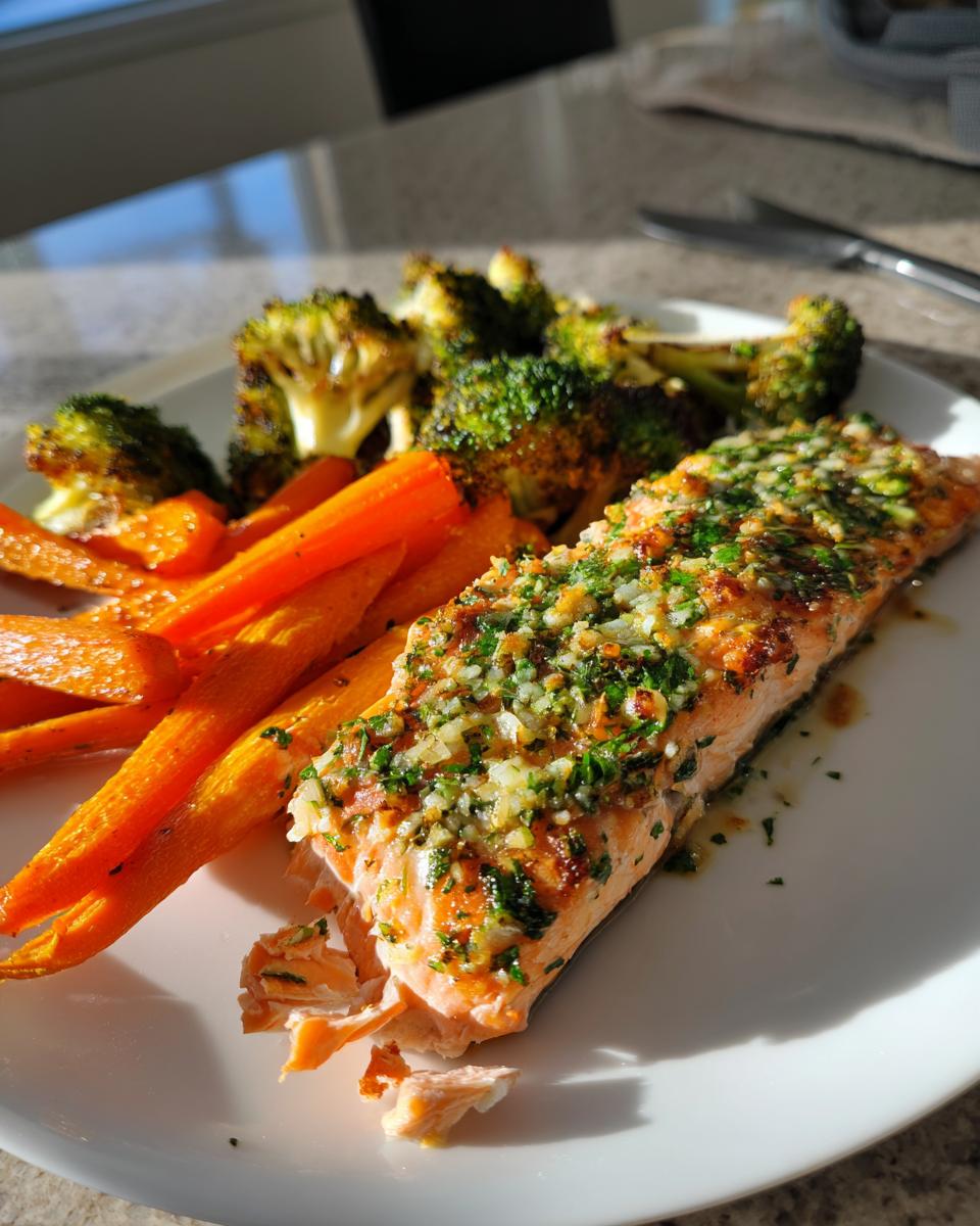 Flaky fillet of garlic herb salmon served alongside roasted carrots and charred broccoli florets.