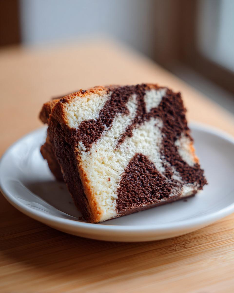 A close-up of a moist slice of german marble cake showing distinct vanilla and chocolate swirls on a white plate.