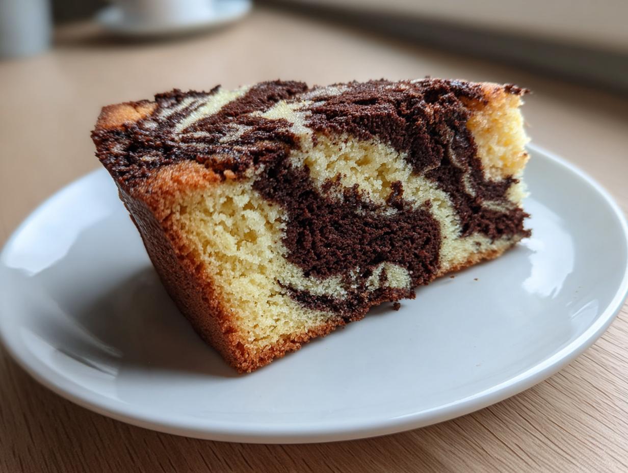 A close-up of a moist slice of german marble cake showing distinct vanilla and chocolate swirls on a white plate.