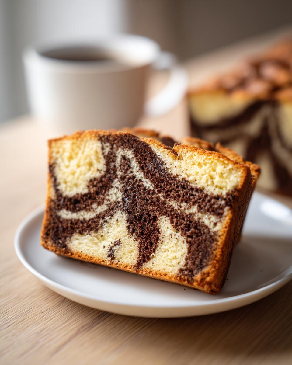 Close-up of a moist slice of German marble cake showing distinct vanilla and chocolate swirls, served on a white plate.