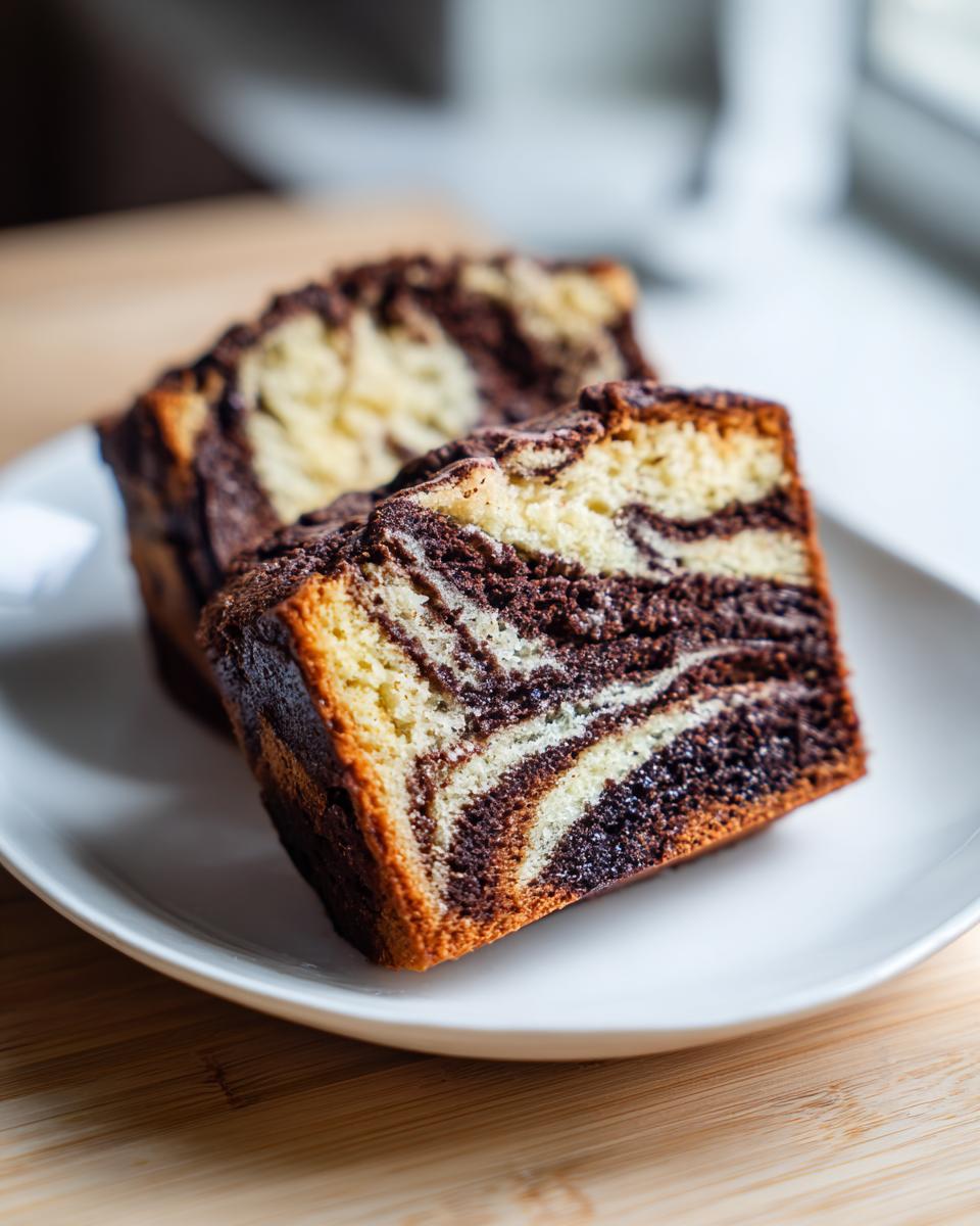 Two slices of moist German marble cake showing distinct vanilla and chocolate swirls on a white plate.