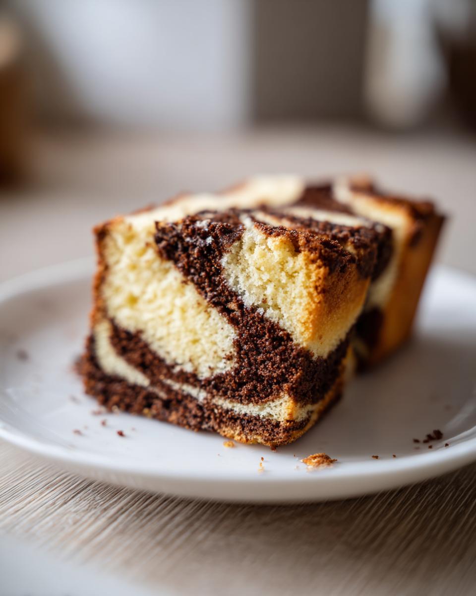 Two slices of moist German marble cake showing distinct vanilla and chocolate swirls on a white plate.