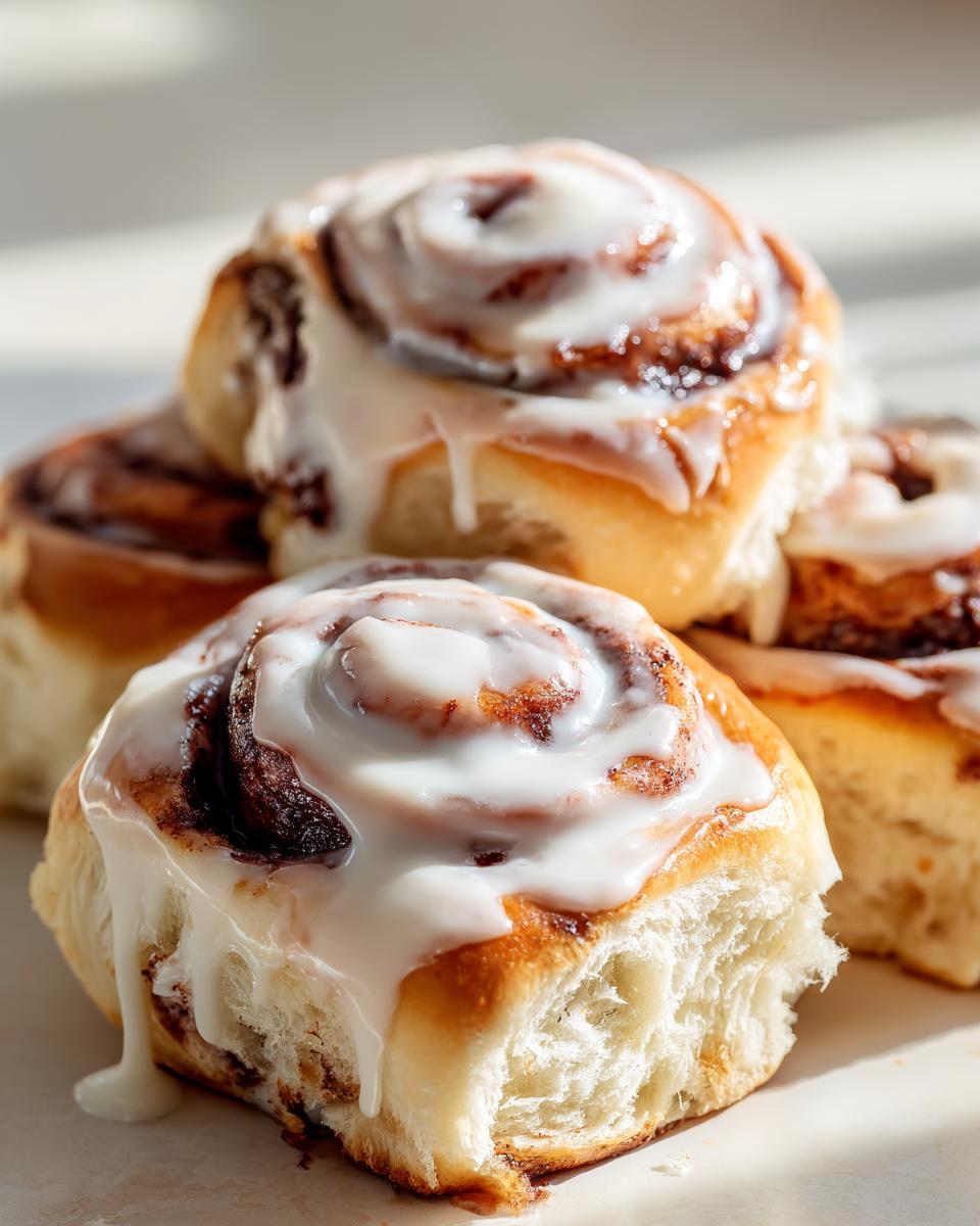 A close-up stack of fluffy, freshly baked cinnamon rolls recipe swirls topped with thick white icing dripping down the sides.