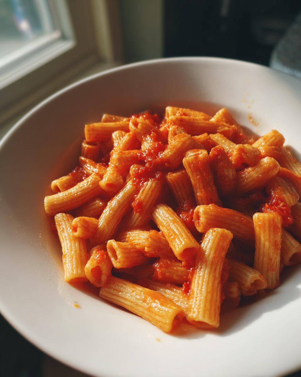 A white bowl filled with cooked gluten-free cavatelli pasta coated in a rich red tomato sauce, illuminated by sunlight.