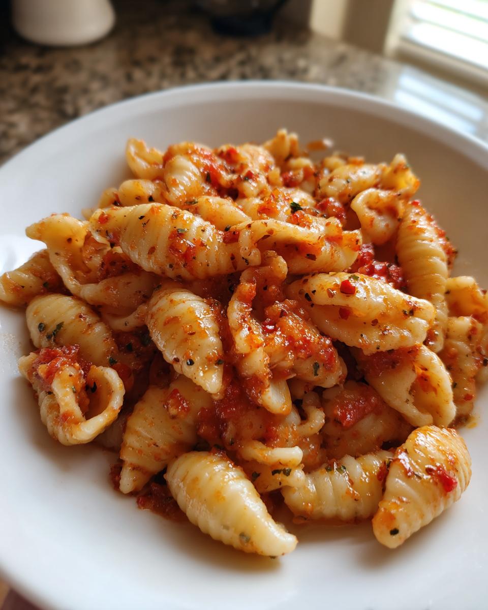 A close-up of a white bowl filled with homemade gluten-free cavatelli pasta tossed in a vibrant red tomato sauce with herbs.