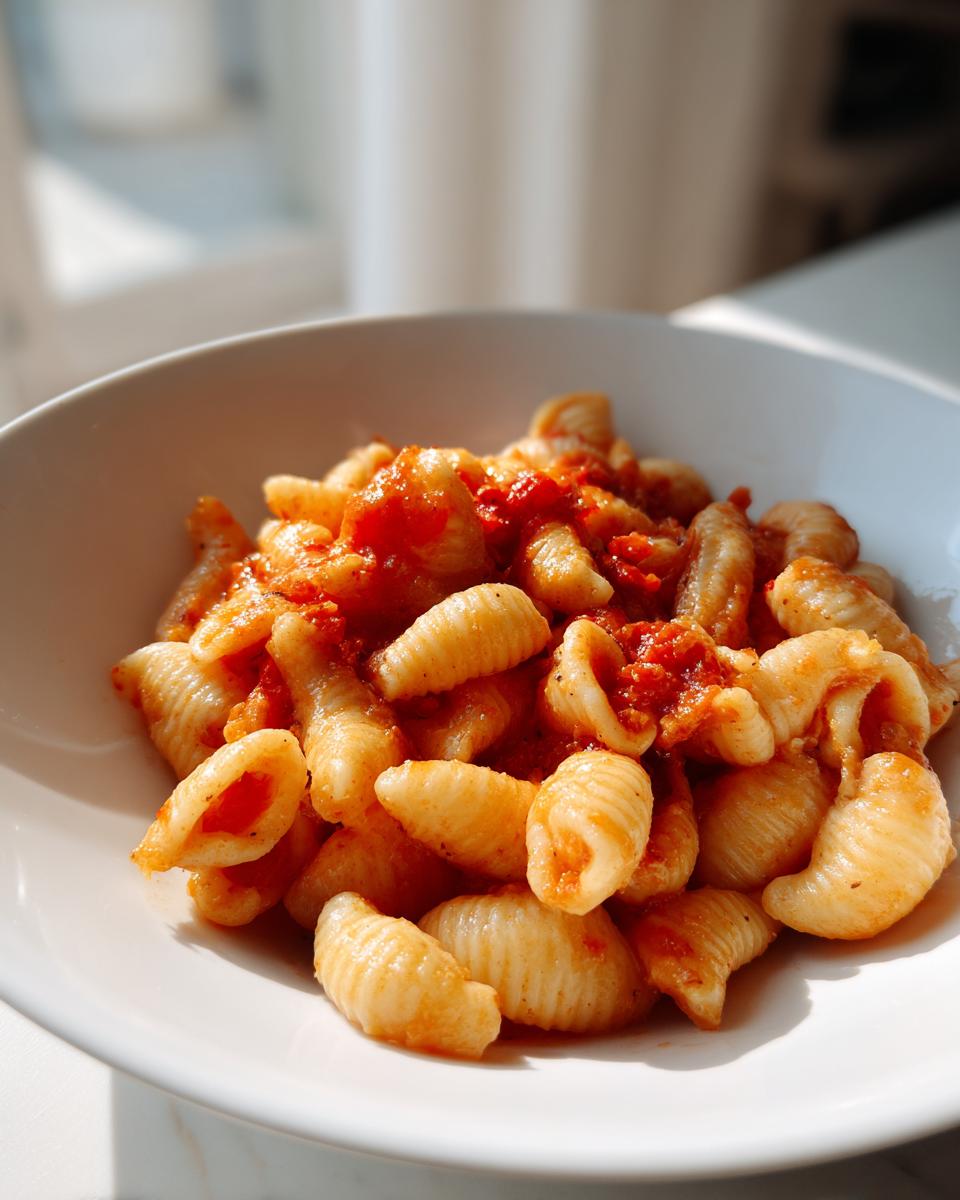 Close-up of a white bowl filled with homemade gluten-free cavatelli pasta coated in a rich red tomato sauce.