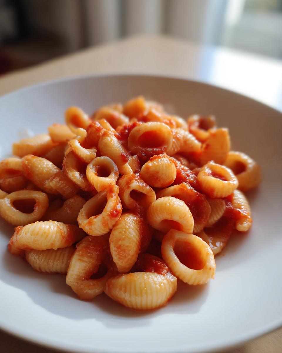Close-up of a white bowl filled with cooked gluten-free cavatelli pasta coated in a simple red tomato sauce.