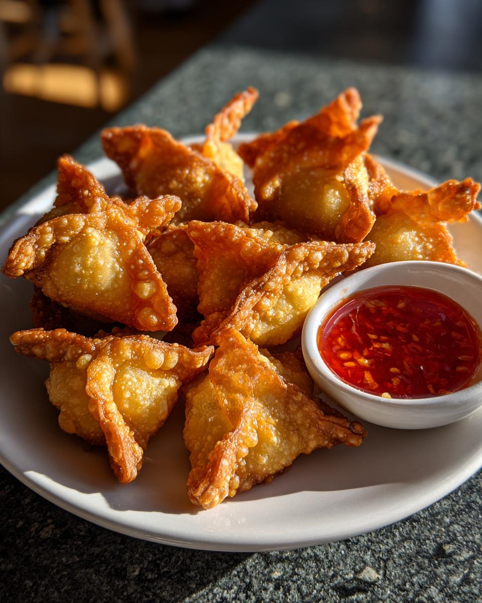A plate piled high with crispy, golden brown crab rangoons served with a side of bright red sweet chili dipping sauce.
