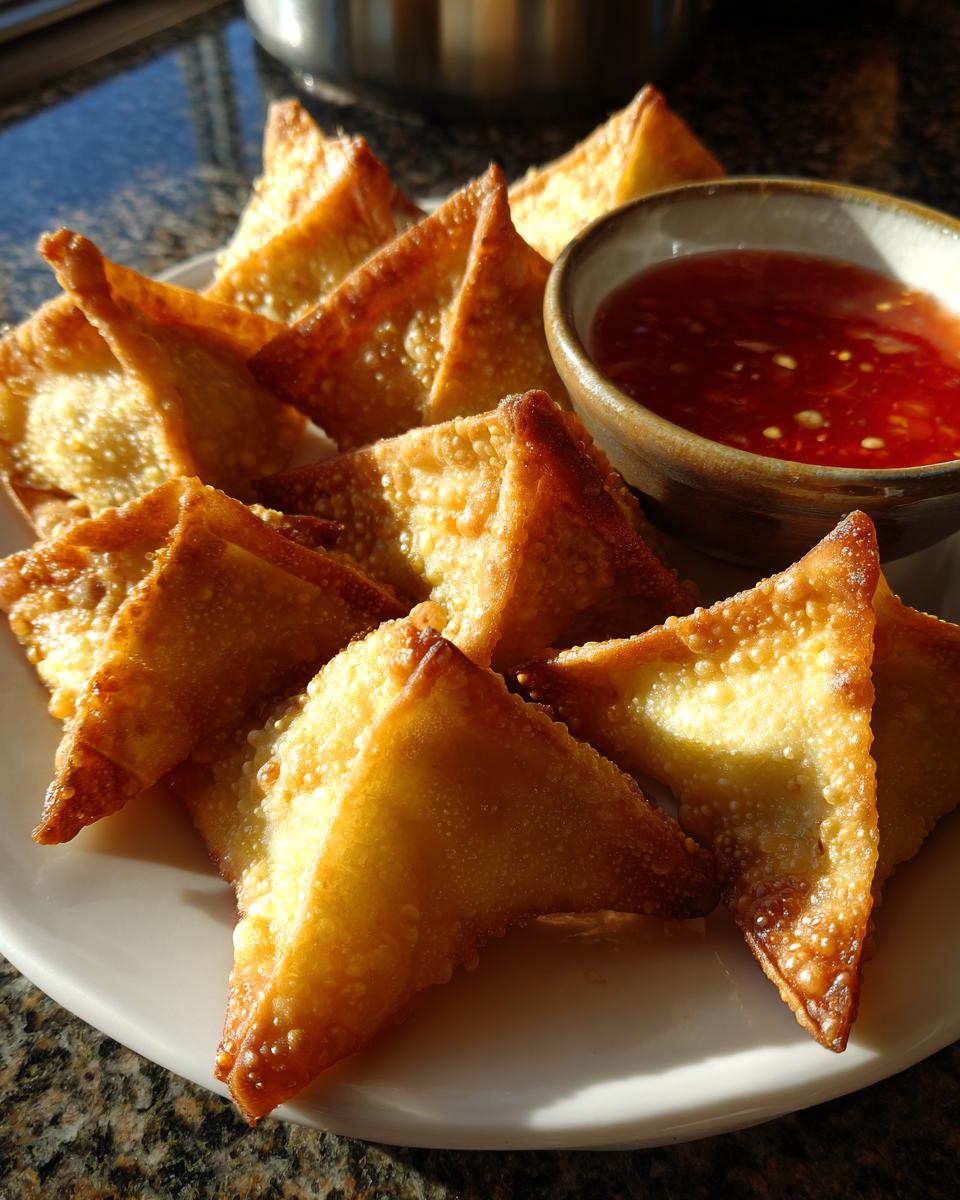 A plate of crispy, golden brown crab rangoons served with a small bowl of sweet chili dipping sauce.