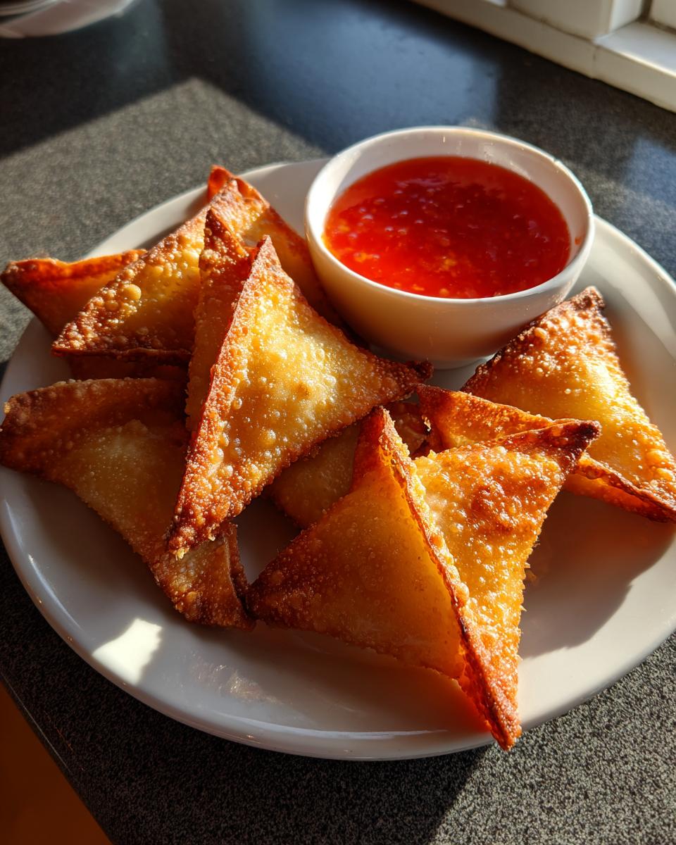 A plate of crispy, golden brown crab rangoons served with a small bowl of bright red sweet chili dipping sauce.