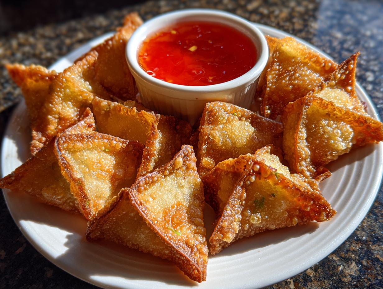 A plate filled with crispy, golden brown crab rangoons served with a small bowl of bright red sweet chili dipping sauce.
