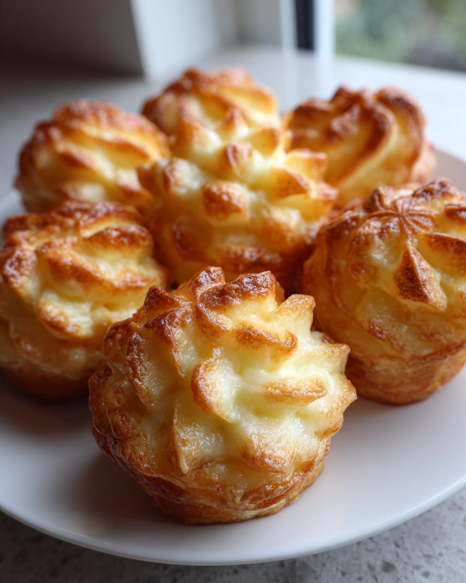 A close-up of several perfectly piped and baked duchess potatoes with golden brown, crispy edges.