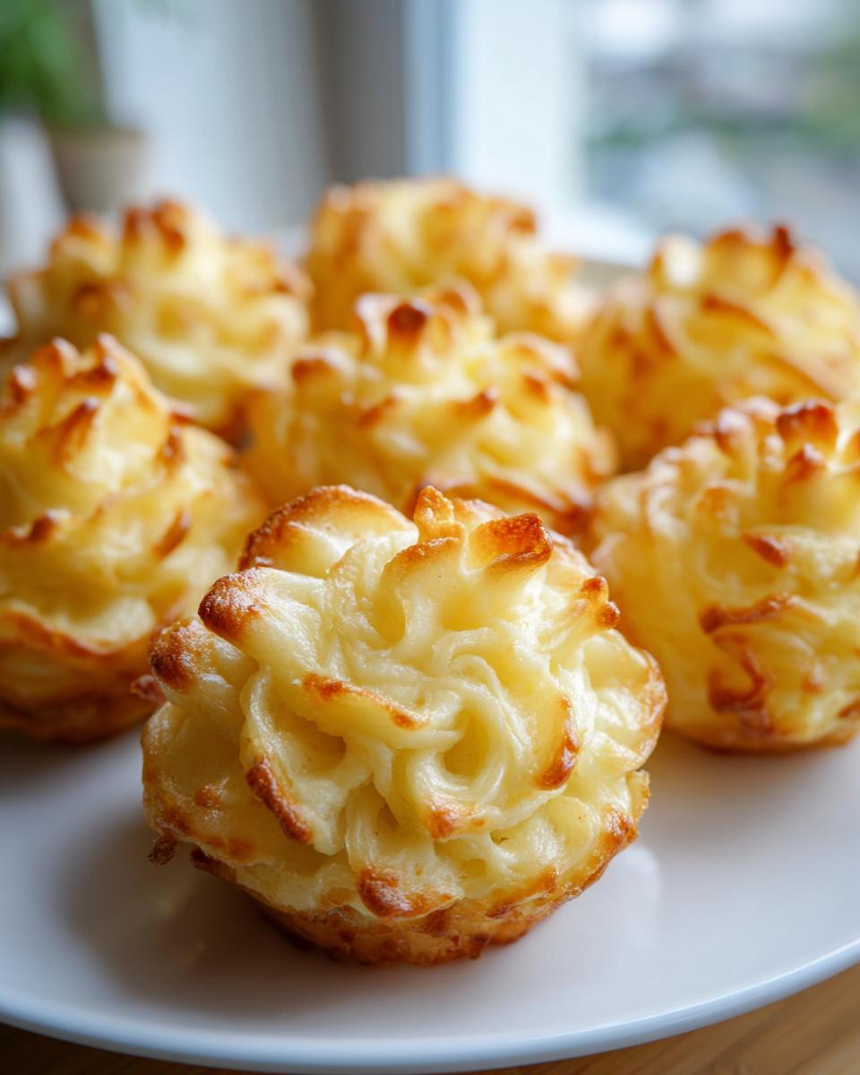 Close-up of several perfectly piped and baked duchess potatoes with golden brown, crispy edges.