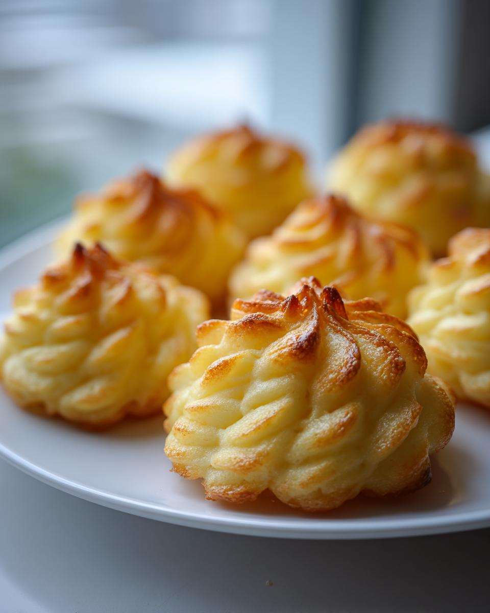 Close-up of perfectly piped and baked duchess potatoes with golden brown, crispy edges on a white plate.