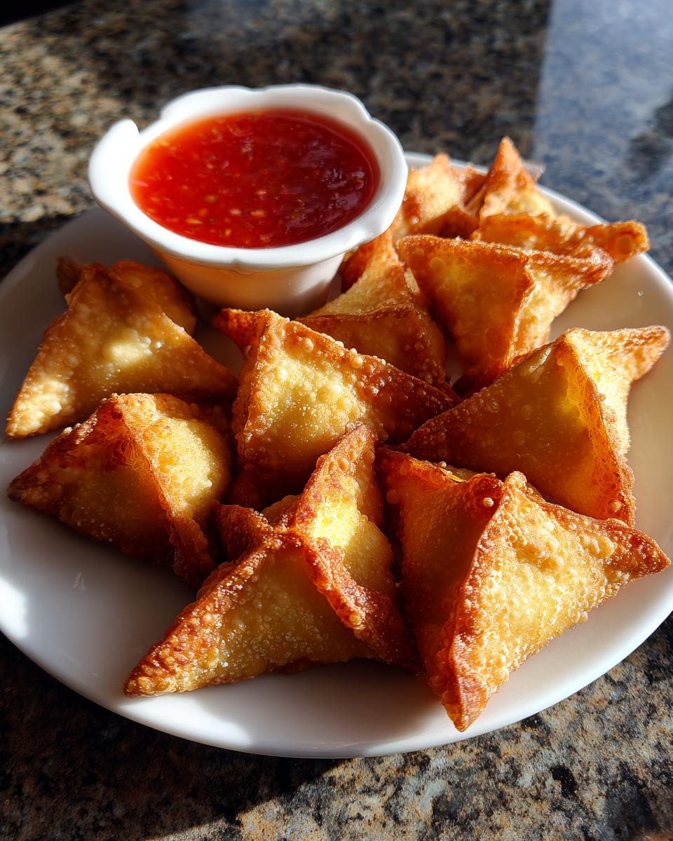 A plate of freshly fried, golden brown crab rangoons served with a small bowl of bright red sweet chili dipping sauce.