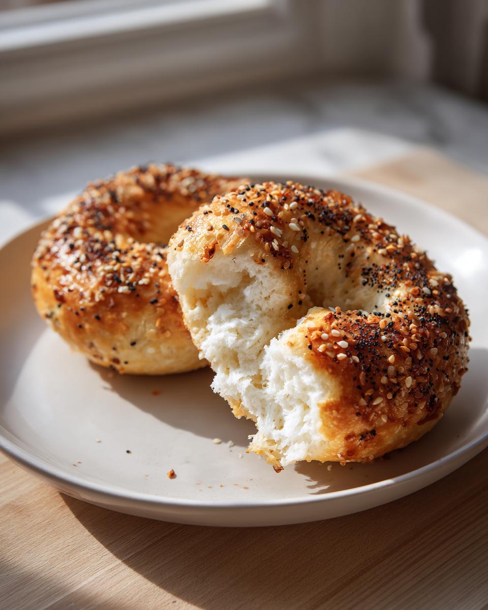 Close-up of two everything-seasoned greek yogurt protein bagels, one torn open showing the fluffy white interior.