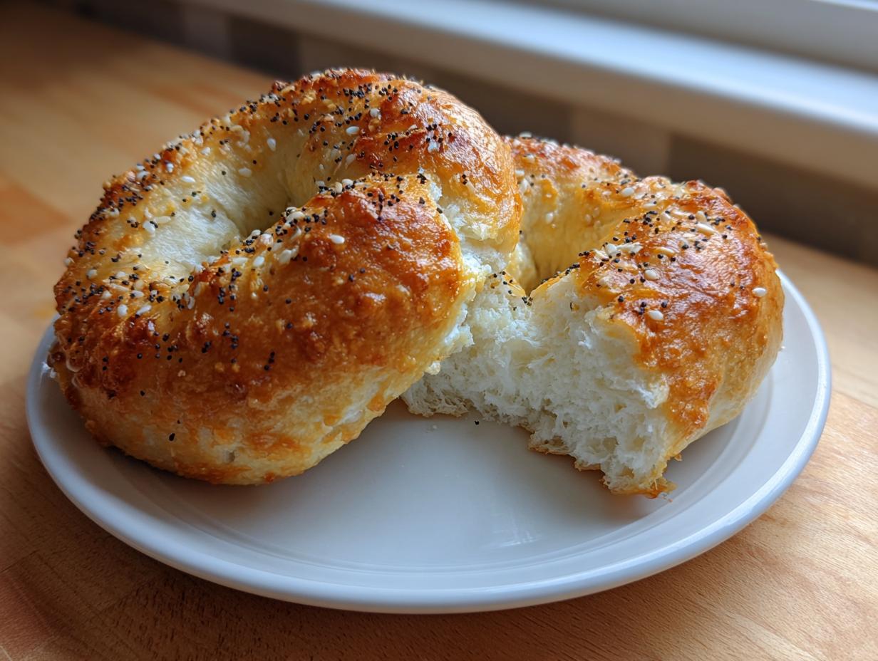 A golden-brown greek yogurt protein bagel, split open to show the soft interior, topped with poppy and sesame seeds.