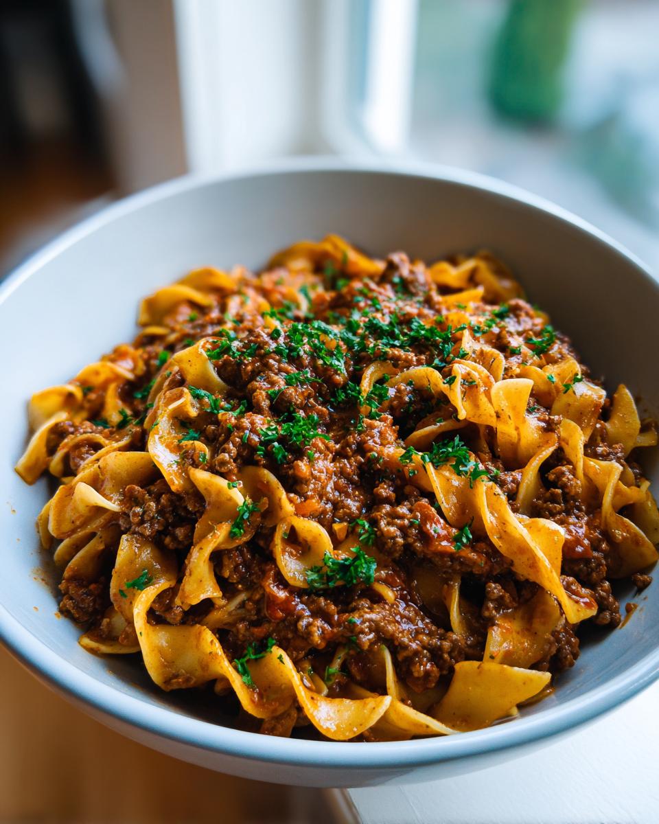 A close-up shot of a bowl filled with ground beef goulash served over wide egg noodles and topped with fresh parsley.