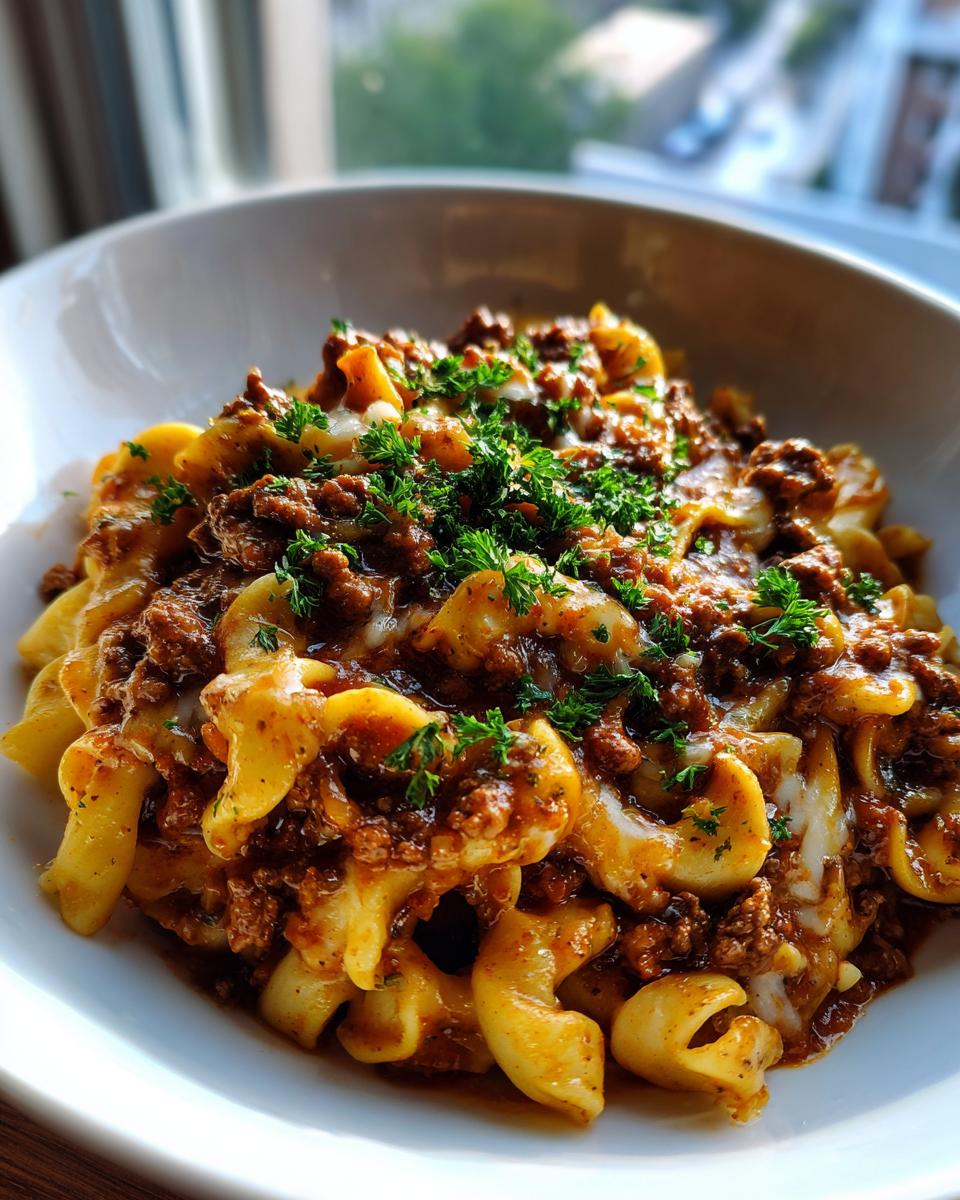 A close-up of a white bowl filled with ground beef goulash mixed with elbow macaroni pasta and melted cheese, topped with fresh parsley.