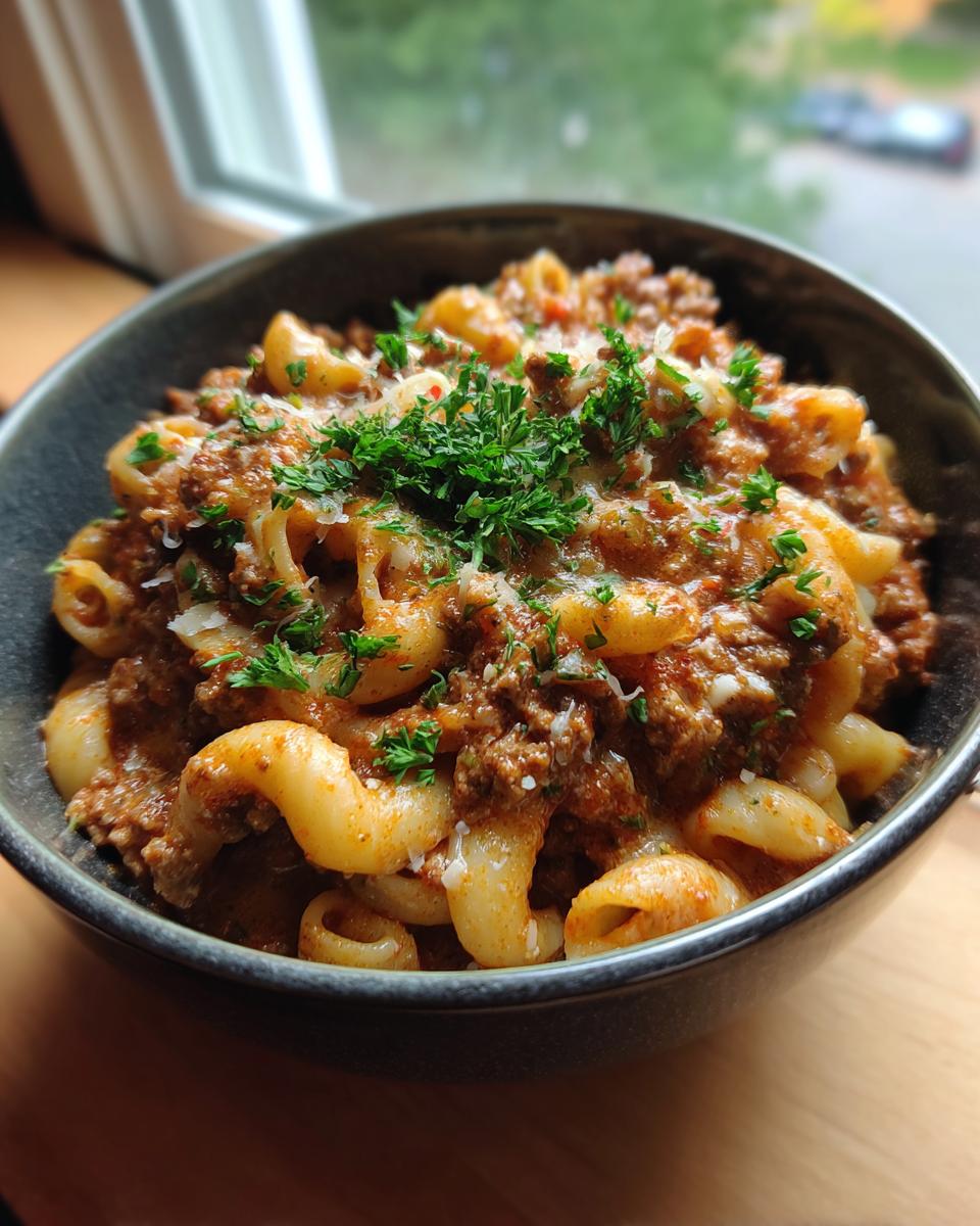 A dark bowl filled with ground beef goulash mixed with curved pasta, topped with grated cheese and fresh parsley.