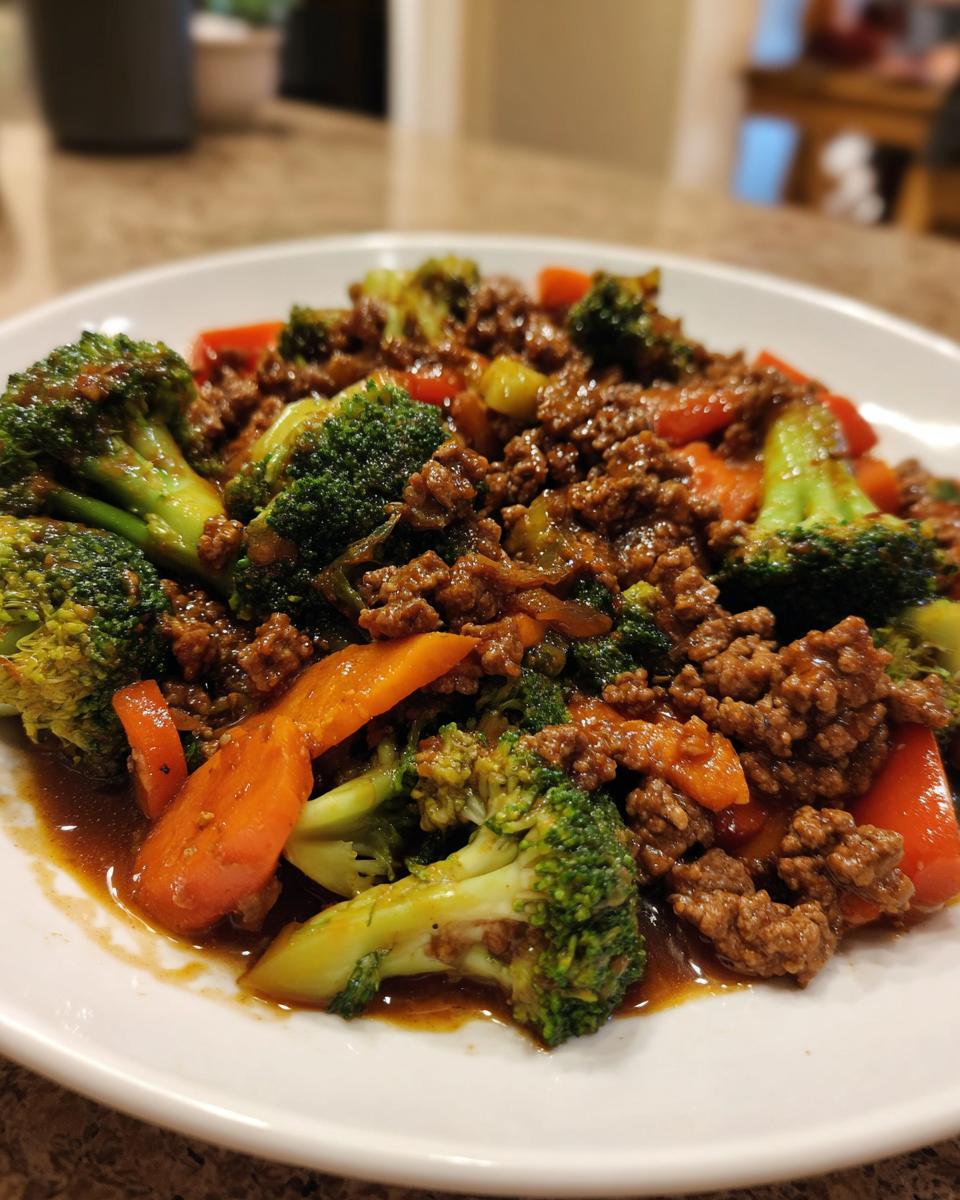 A close-up of a plate piled high with flavorful ground beef stir fry mixed with bright green broccoli florets and orange carrots.